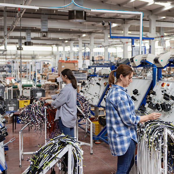 Industrial worker woman soldering cables of manufacturing equipment in a factory